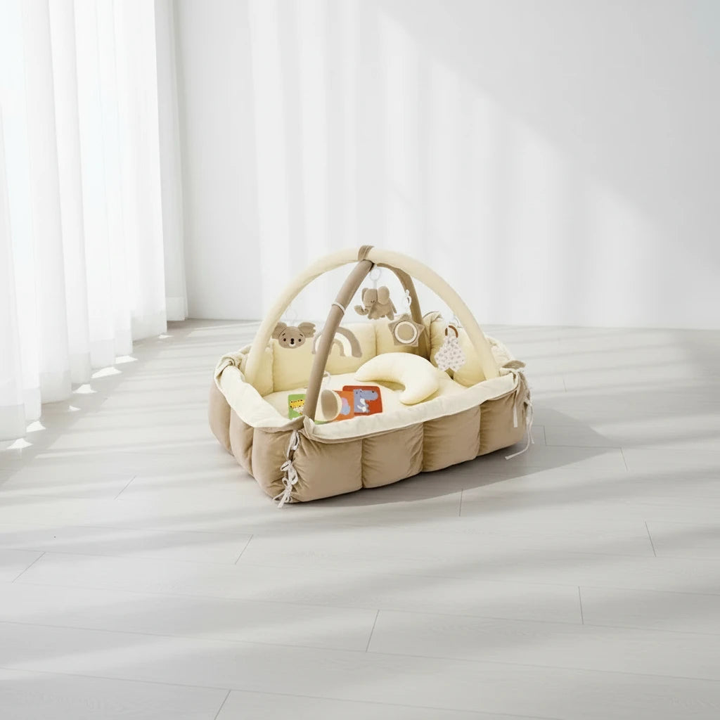 Tapis d'Éveil Bébé 5-en-1 avec Coussin - Tapis de Jeu Convertible Peluche