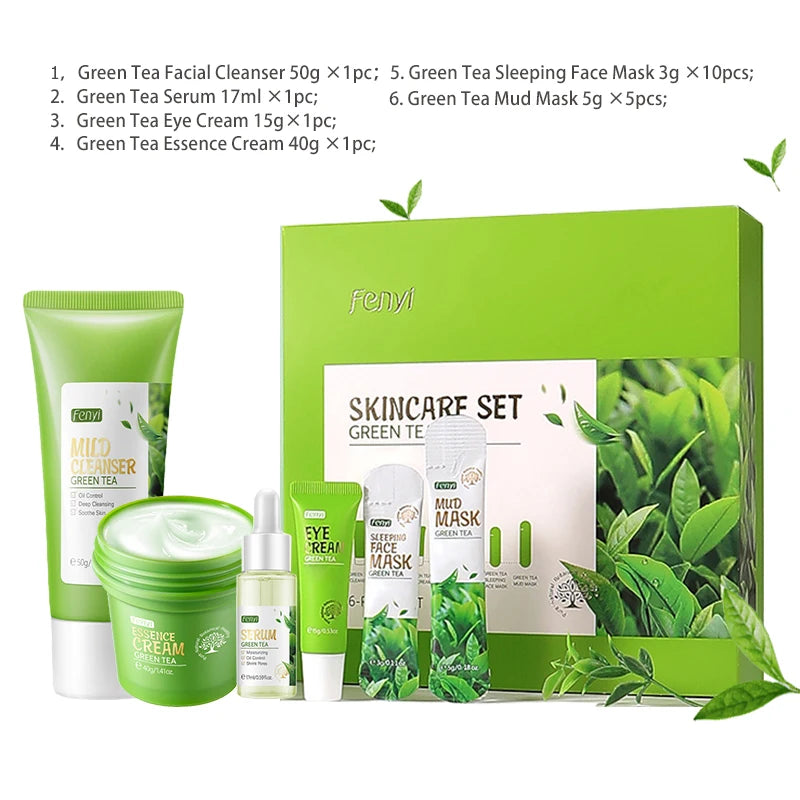 19pcs Gift Box Kit Green Tea Skin Rejuvenation Face Essence Korean Face Cream Fade Dark Circles Eye Cream Skin Care Products