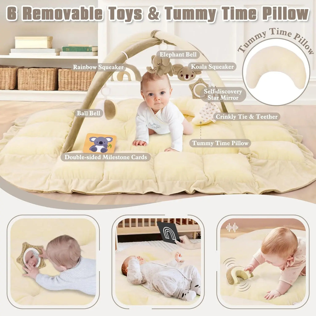Tapis d'Éveil Bébé 5-en-1 avec Coussin - Tapis de Jeu Convertible Peluche