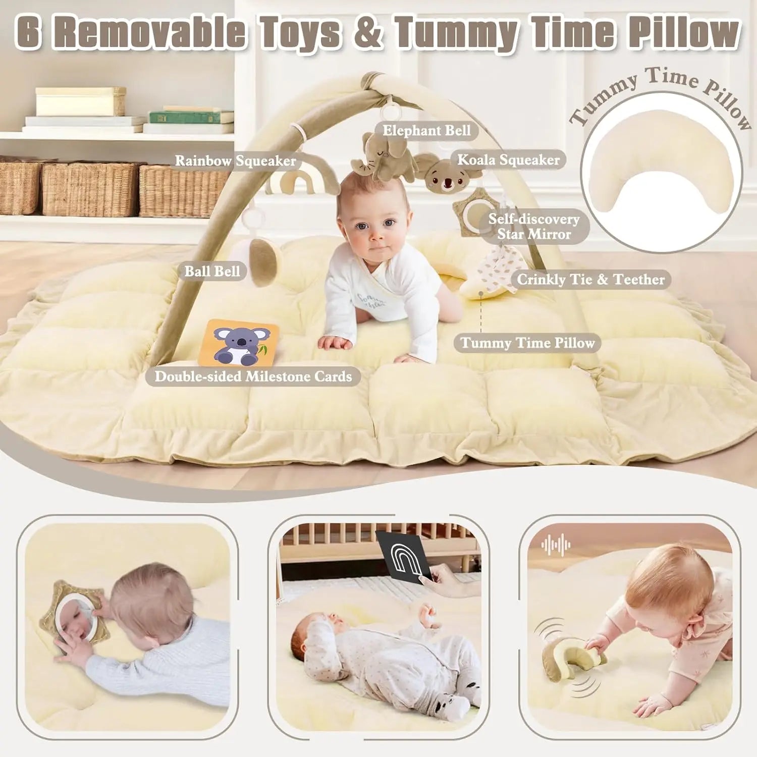 Tapis d'Éveil Bébé 5-en-1 avec Coussin - Tapis de Jeu Convertible Peluche