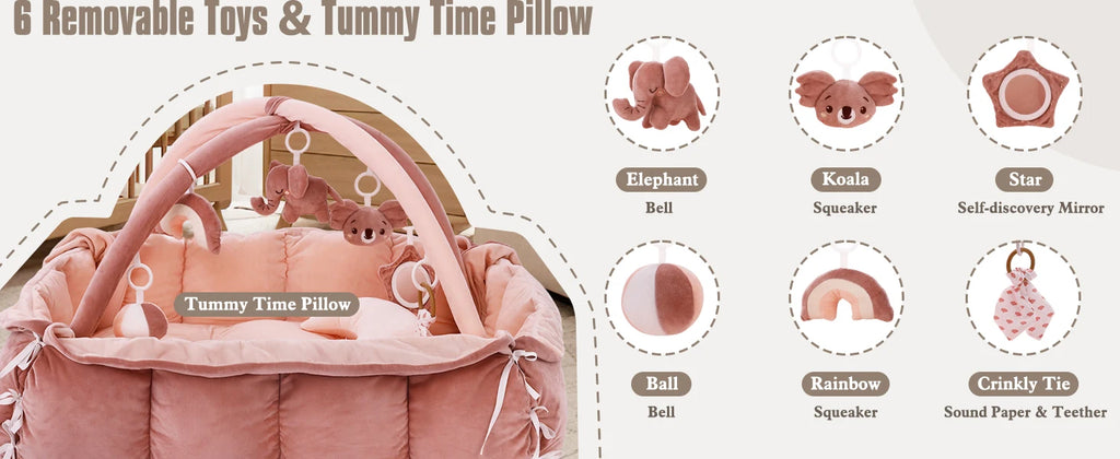 Tapis d'Éveil Bébé 5-en-1 avec Coussin - Tapis de Jeu Convertible Peluche