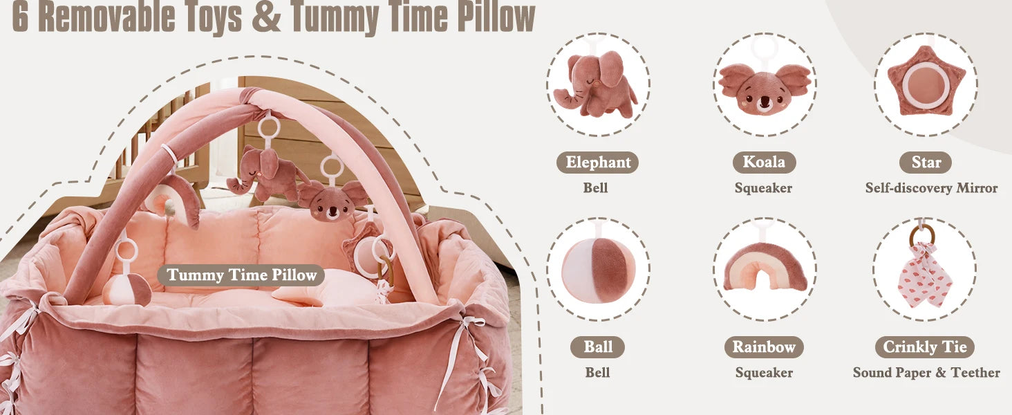 Tapis d'Éveil Bébé 5-en-1 avec Coussin - Tapis de Jeu Convertible Peluche