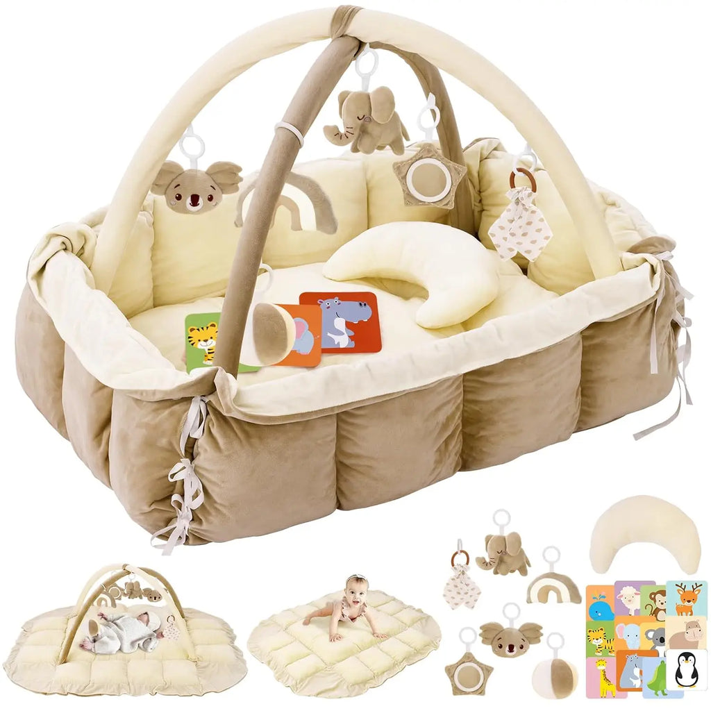 Tapis d'Éveil Bébé 5-en-1 avec Coussin - Tapis de Jeu Convertible Peluche